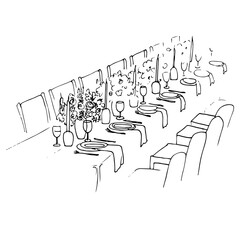 long table set for guests and decorated with flowers and candles. outline illustration of a formal and decorated table