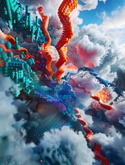 Futuristic 3D Rendered Digital Artwork of Insulin Molecule with Glitch Effects