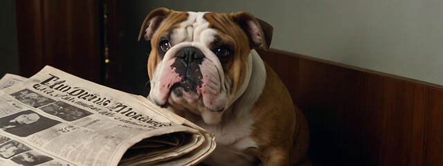 Sophisticated Bulldog: Canine Composure on the Throne of toilet seat and reading newspaper on it, looking