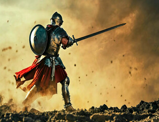 Naklejka premium Spartan man in gladiator helmet and red long cloak standing with steel shield and iron spear, sword in hands. Strong roman warrior in battle dress. 1 one, alone greek legionary soldier ready to fight.