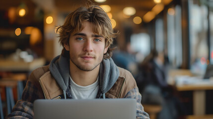 Young man working on laptop, IT programmer freelancer or student with computer in cafe at table looking in camera