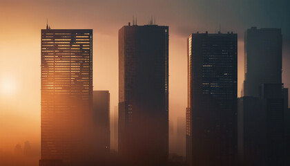 silhouette of skyscraper towers in foggy and sunset weather.
