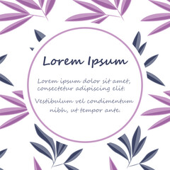 Card with a round frame and a pattern of purple and pink leaves. Invitation card for holiday, birthday, wedding.