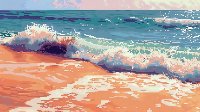 The photo shows the beach with the incoming turquoise wave. The beach is sandy and the sand has a pinkish tint. The sky is blue with some white clouds. The water is crystal clear.