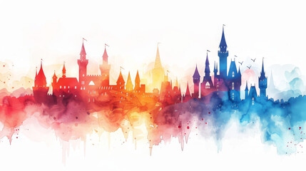 Naklejka premium Enchanting watercolor castle illustration, vibrant colors blending on a white background
