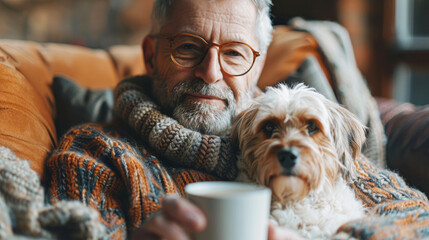 Senior man in a cozy sweater enjoys a hot drink at home with his dog