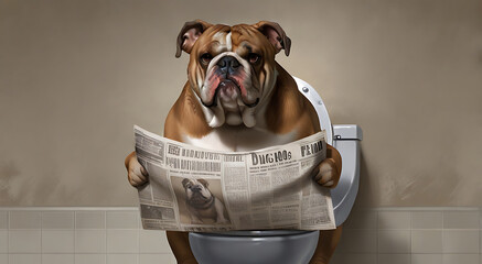 Sophisticated Bulldog: Canine Composure on the Throne of toilet seat and reading newspaper on it, reading