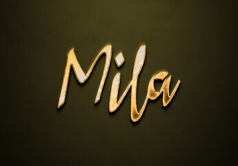 Old gold text effect of name Mila with 3D glossy style Mockup. 