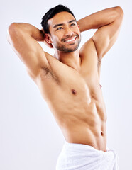 Muscle, man and shower with towel for hygiene on studio background thinking of skincare in mockup....