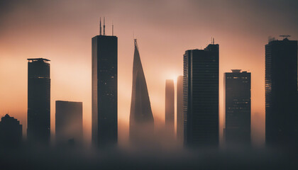 silhouette of skyscraper towers in foggy and sunset weather.
