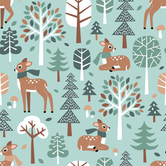 Seamless vector pattern with cute hand drawn fawn, trees, mushrooms and leaves. Perfect for textile, wallpaper or nursery print design. © MirabellePrint