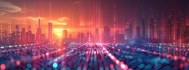 Fototapeta premium Smart city and abstract dot point connect with gradient line and aesthetic Intricate wave line design , big data connection technology concept, dark blues lights