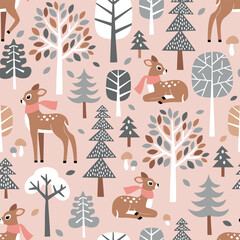 Seamless vector pattern with cute hand drawn fawn, trees, mushrooms and leaves. Perfect for textile, wallpaper or nursery print design.