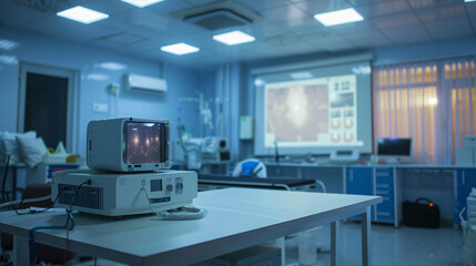 Video projector on table in modern clinic