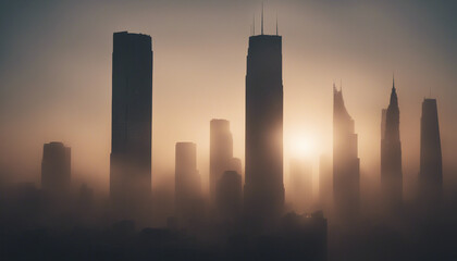 Obraz premium silhouette of skyscraper towers in foggy and sunset weather. 