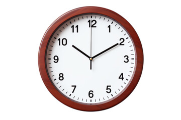 A brown wall clock with a white dial and black numbers.
