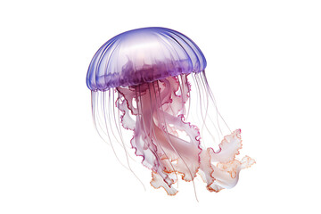 A glowing jellyfish floats gracefully through the dark ocean waters.