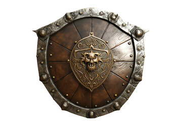 Fototapeta premium A wooden shield with a metal rim and a lion's head in the center. The shield is brown and the metal is black.