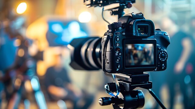 of operator using professional camera during shooting ,