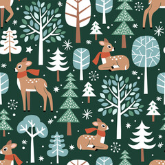 Seamless vector pattern with cute hand drawn fawn, winter trees and snowflakes. Perfect for textile, wallpaper or nursery print design.