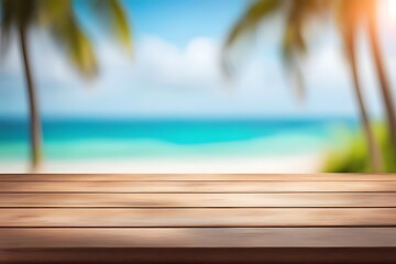 Empty wood table top, with blur seascape, tropical palm tree background. bright tone.