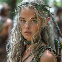 Portrait of a posing blue eyed fantasy female Ranger elf pathfinder with long brown hair wearing ornate leather armor and equipped with a elven spear. 3d rendering with a mythical forest background