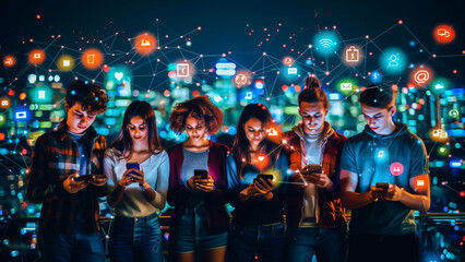 A group of young adults engrossed in their smartphones at night in a vibrant, digitally connected urban setting.