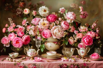 An elegant vintage floral still life with an array of beautiful roses and peonies set in a classic vase on a decorated table.