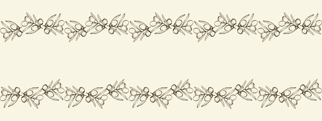 Decorative horizontal seamless border, painted olive branches on beige background. Delicate seamless herbal pattern. Hand drawn olives.