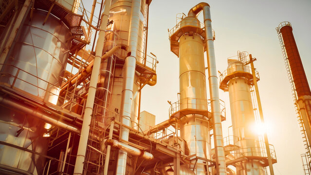 Sunset illuminates an industrial factory with intricate steel pipes and refinery structures, highlighting a manufacturing complex.