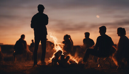 silhouettes of people having fun around a bonfire, sitting, playing guitar, chatting
