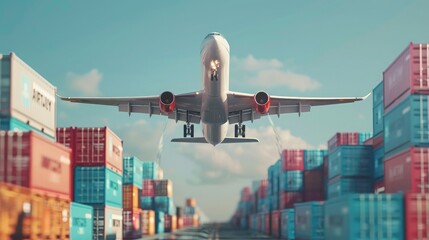 Air Freight: Commercial airplane taking off with cargo containers loaded.