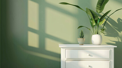 White chest of drawers near green wall in room closeup