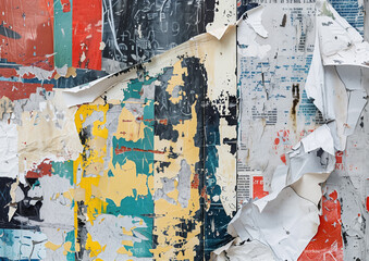 Fototapeta premium Old, gray street posters appear on the worn, crumpled surface of the paper, creating a unique texture of the urban background.