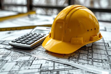 Emphasis on construction safety and project planning with a close-up of a yellow hard hat on plans