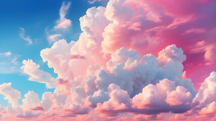 Beautiful abstract background of white cumulus clouds against a blue sky. Background of clouds. Sunny days with a blue sky and fluffy white clouds. Pink dawn and sunset sky. World Day of Ozone. Summer