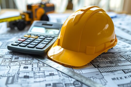 Safety and planning in construction emphasized by hard hat and calculator on engineering plans