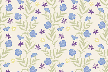 Floral ditsy pattern seamless paisley embroidery with blue flower motifs. Vintage pattern batik style. Ikat texture vector illustration fabric print template wallpaper design background border.