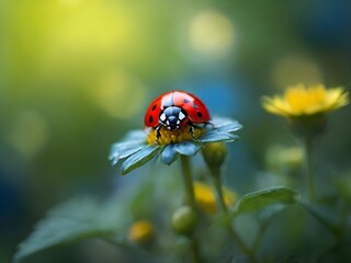 Red ladybug perched on white and yellow flowers on a natural blurred green background