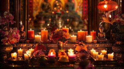 Buddhist Traditions: An altar adorned with candles and offerings.