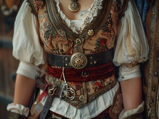 Close-up of an elaborate pirate costume featuring historical details, intricate patterns, and...