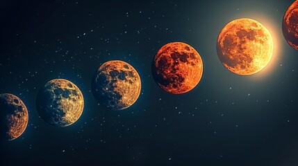 A timelapse photo sequence showing the progression of a lunar eclipse from partial to total and back again