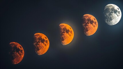 A timelapse photo sequence showing the progression of a lunar eclipse from partial to total and back again
