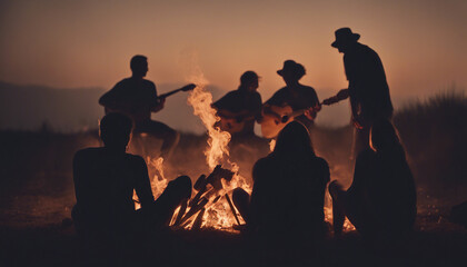 Obraz premium silhouettes of people having fun around a bonfire, sitting, playing guitar, chatting 
