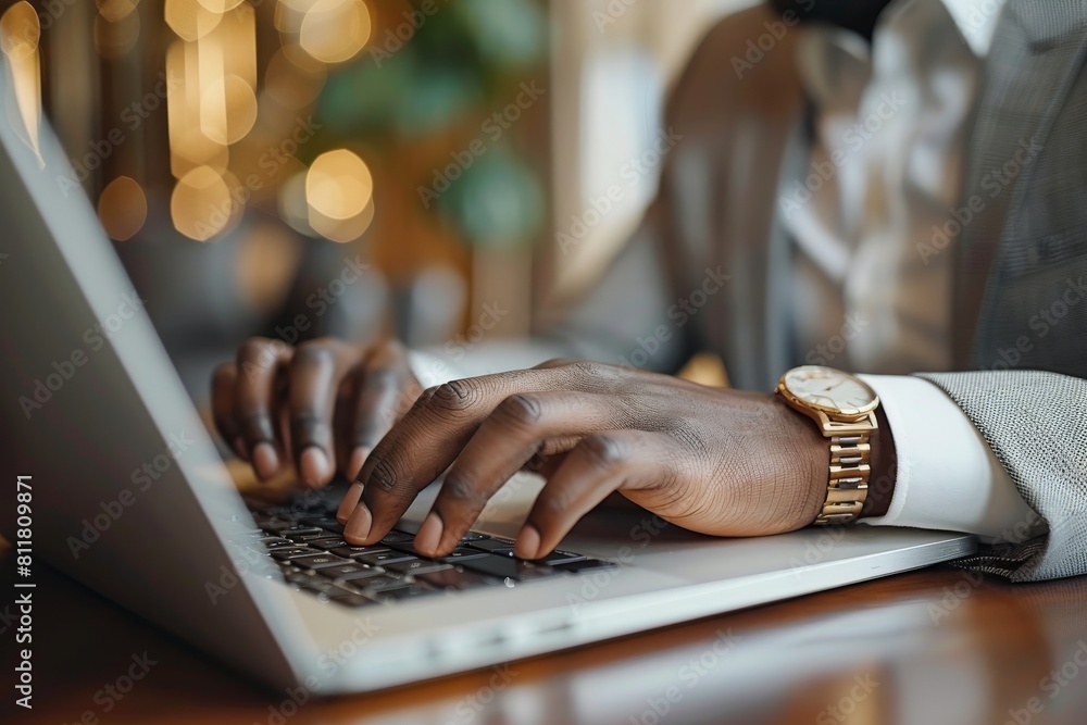 Poster close-up image of a person's hands typing on a laptop keyboard with a blurred background suggesting 