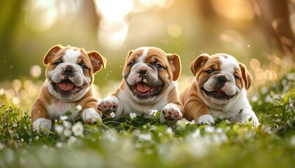 Obraz premium A trio of bulldog puppies tumbling and playing with each other on a soft, grassy lawn