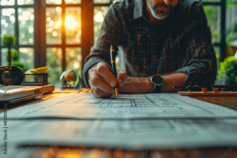 Poster image showcases an architect diligently working on a blueprint with a focus on his hands and the dra