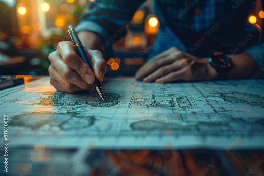 Poster depicts an architect engrossed in working on a blueprint with dramatic lighting at a workspace