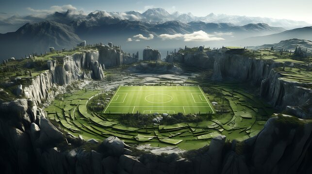 A football field with a unique, asymmetrical design and a challenging terrain