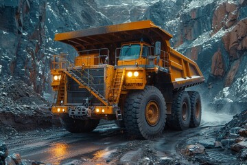 Large yellow mining truck transporting rocks in a quarry with dynamic motion